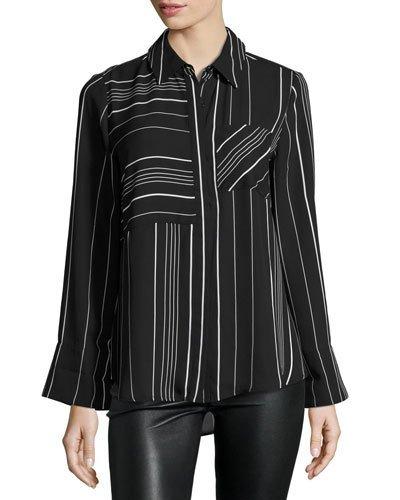 Stripe-print Chiffon Blouse, Black/white