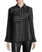 Stripe-print Chiffon Blouse, Black/white