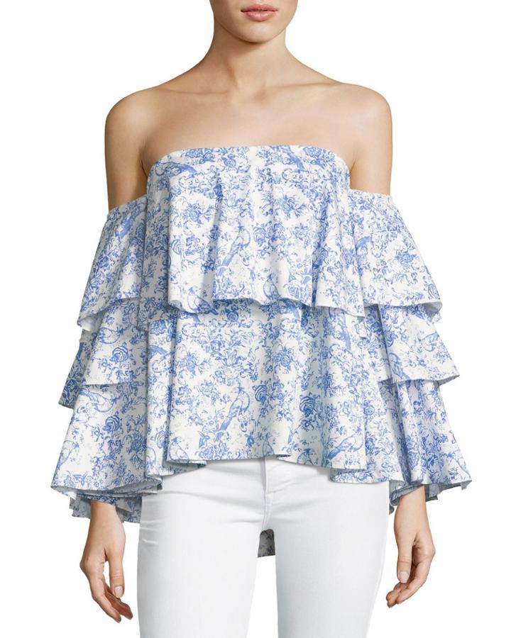 Carmen Off-the-shoulder Printed Blouse, Blue/white