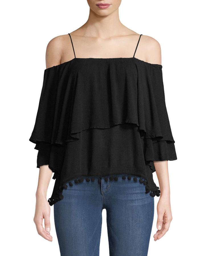 Pompom Trimmed Tiered Cold-shoulder Blouse