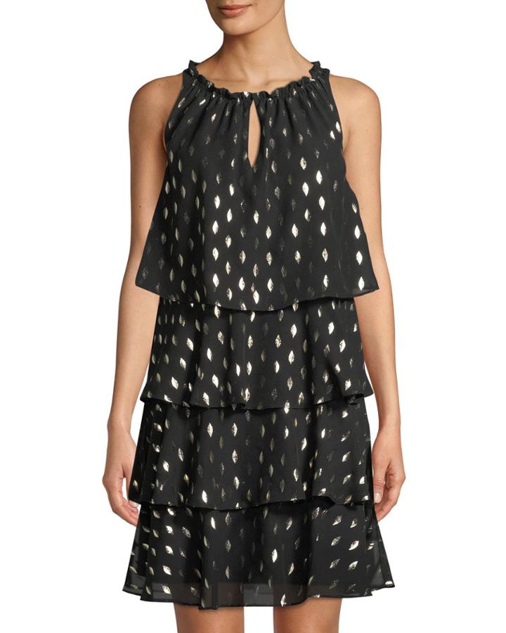 Tiered Foiled-chiffon Keyhole Dress