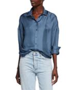 Button-front Long-sleeve Silk-twill Blouse W/ Monili Under-collar