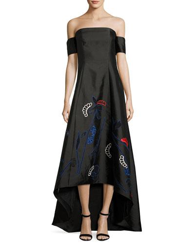 Off-the-shoulder Jacquard High-low Gown, Onyx