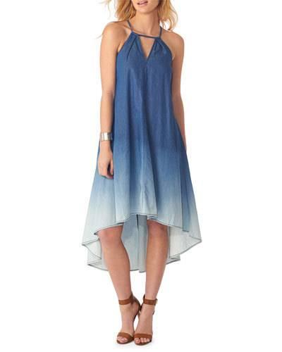 Ombre Denim High-low Halter Dress, Blue