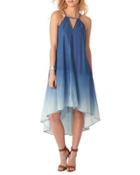 Ombre Denim High-low Halter Dress, Blue