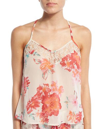 Floral-print Chiffon Racerback Camisole, Ivory/fuchsia