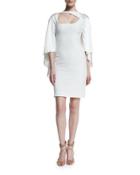 Cape-sleeve Asymmetric-neck Silk Dress, White
