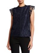 Lace High-neck Cap-sleeve Stitched Blouse