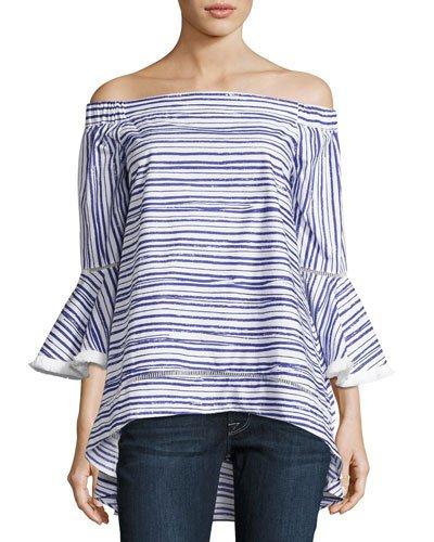 The Blue Ocean Striped Off-the-shoulder Blouse, Blue