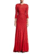 3/4-sleeve Beaded Open-back Gown, Red