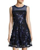 Sequined-embellishment Mesh Dress, Blue