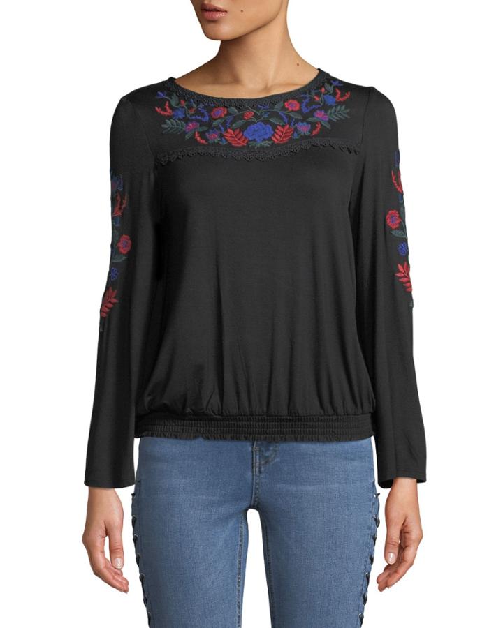 Long-sleeve Floral-embroidered Yoke Tee