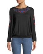 Long-sleeve Floral-embroidered Yoke Tee