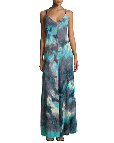 Tie-dye V-neck Pointelle Maxi Dress, Teal