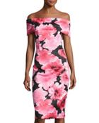 Off-the-shoulder Rose-print Scuba Sheath Dress, Pink Pattern
