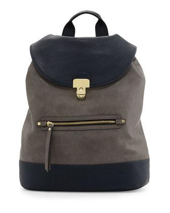 Neiman Marcus Turn-lock Colorblock Backpack, Gray/navy