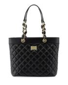Quilted Leather Tote Bag, Black/gold