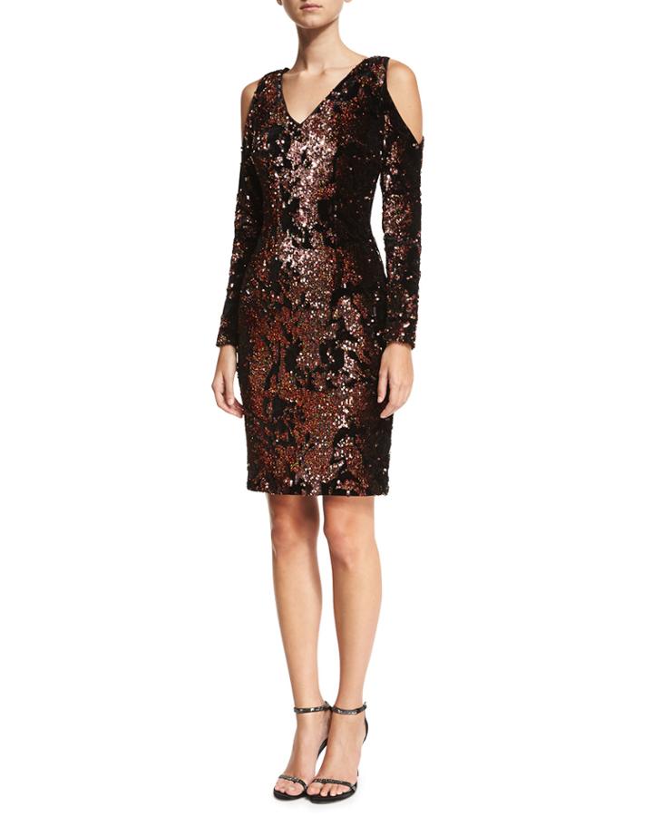 Sequined Velvet Cold-shoulder Cocktail Dress