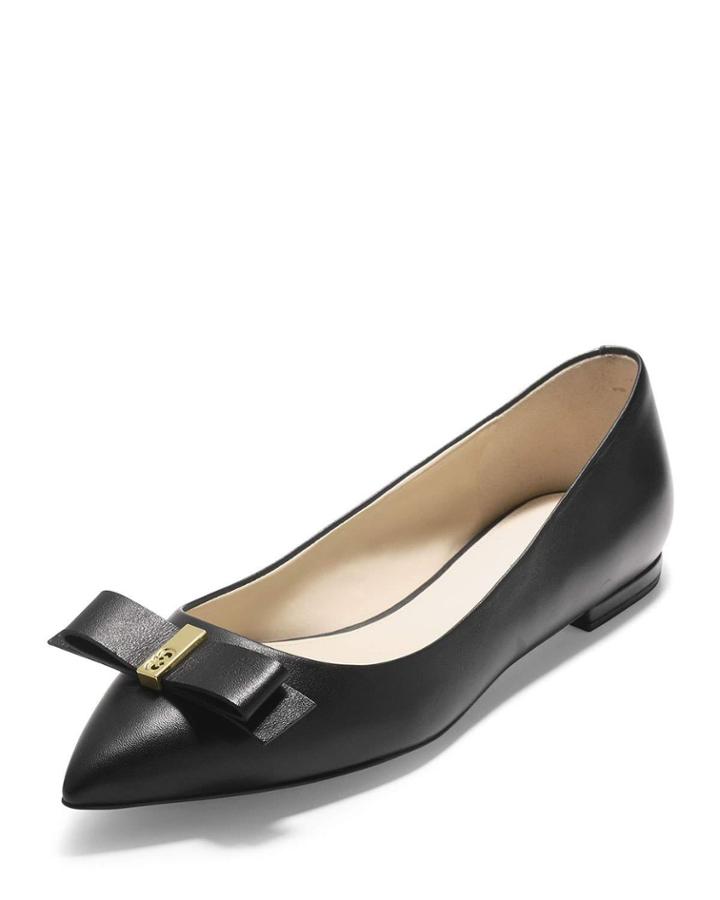 Elsie Bow Leather Skimmer Flats, Black