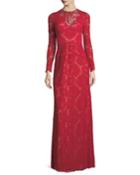 Long-sleeve Lace Illusion Applique Evening Gown