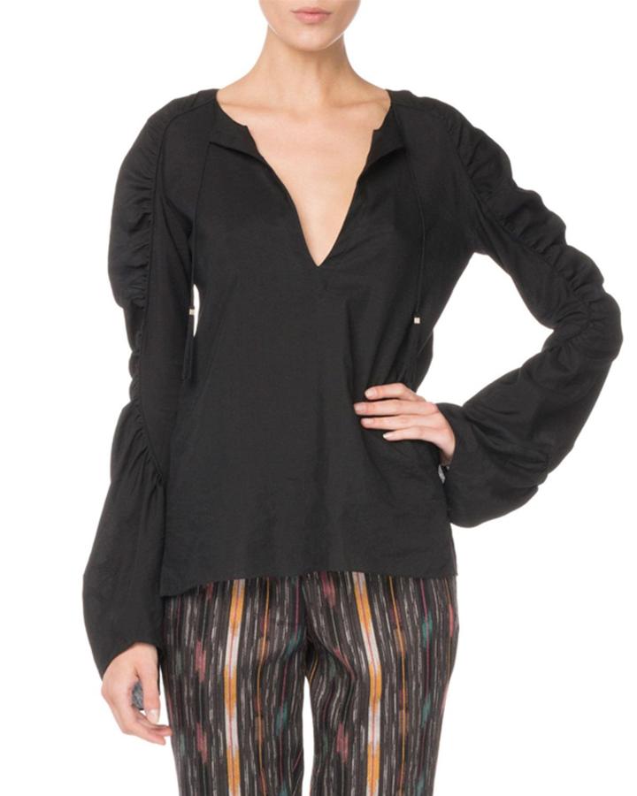 Tassel-tie Ruched-sleeves Blouse