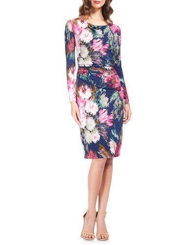 Long-sleeve Floral Jersey Sheath Cocktail Dress