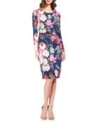 Long-sleeve Floral Jersey Sheath Cocktail Dress