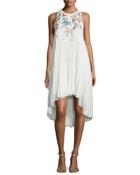 Embroidered-front Sleeveless Cocktail Dress, Ivory