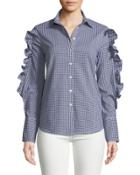 Gingham Ruffle-sleeve Button-down Blouse