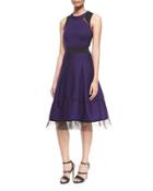Mesh-inset Belted Fit-and-flare Combo Dress