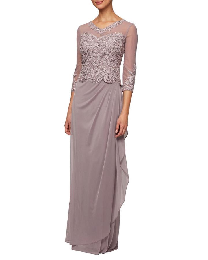 Long Mesh Dress With Embroidered Illusion Bodice