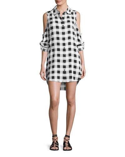 Eyes On You Cold-shoulder Buffalo Check Shirtdress, White/black