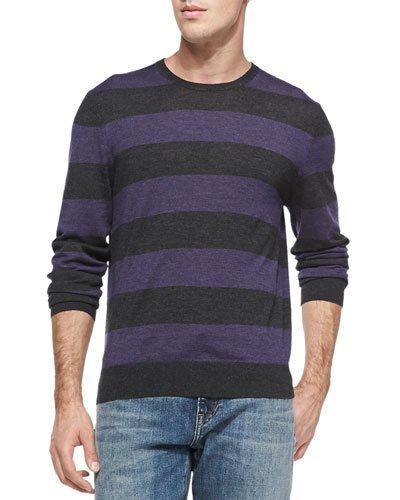 Rugby-stripe Cashmere Sweater, Charcoal/ruby