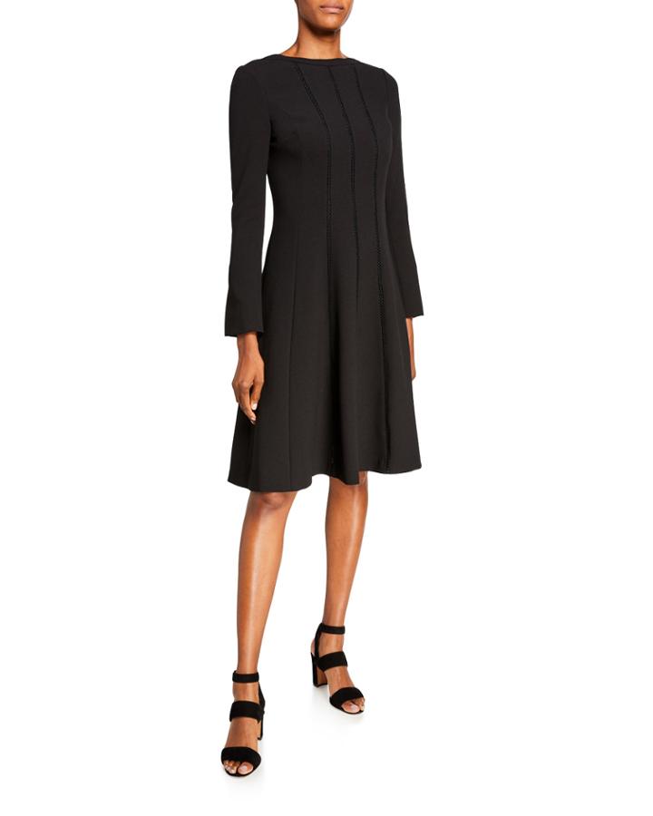 Jewel Neck Long-sleeve Stitched Crepe Dress