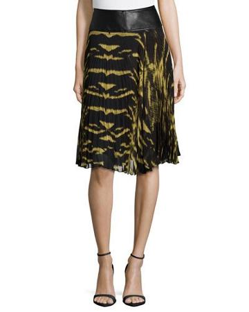 Leather Waist Tiger-print Pleated Skirt, Nero/oro Bronzo