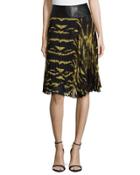 Leather Waist Tiger-print Pleated Skirt, Nero/oro Bronzo