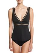 Deep V Tankini Swim Top W/ Ladder Inset, Black