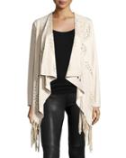 Laser-cut Faux-suede Fringed Cardigan, Beige