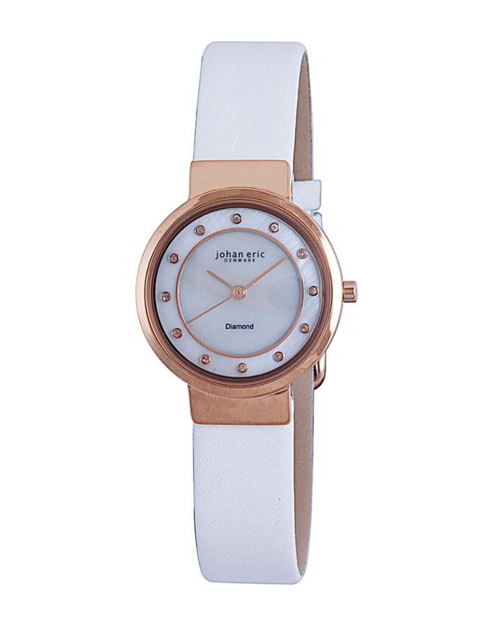 Arhus Diamond Quartz Diamond White Leather Strap Watch, Rose Golden