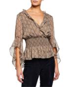 Ruffle-trim Chiffon Top With Smocking, Floral Print