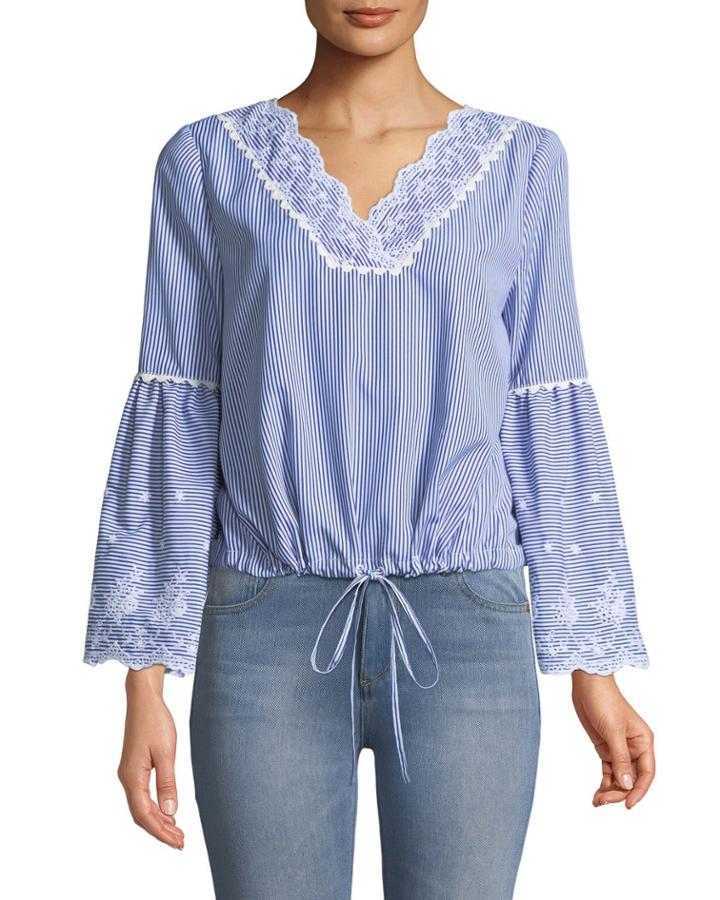 Striped Eyelet Embroidered Bell-sleeve Blouse