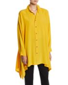 Long-sleeve Silk Button-front Handkerchief Blouse