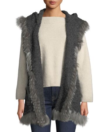 Boucle Hoodie Vest With Fox Fur Trim