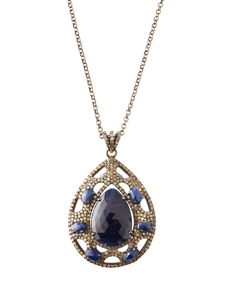 Blue Sapphire Pear Pendant Necklace W/ Diamonds