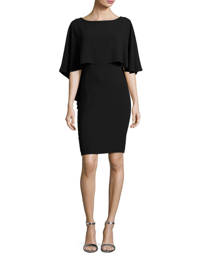 Lightweight Sequined Cape Dress, Black