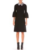 Bell-sleeve A-line Stretch-wool Knit Dress W/ Fur Collar