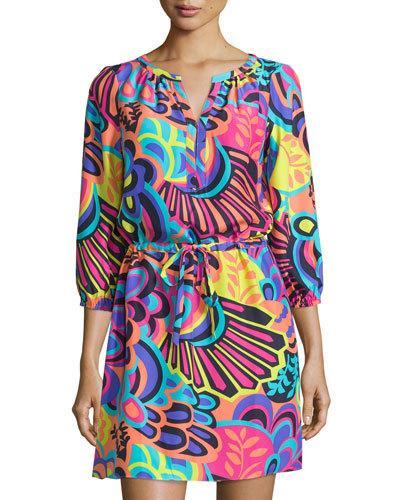 Cece Drawstring Silk Dress, Fiji Fan