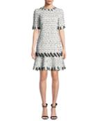 Jewel-neck Short-sleeve Ribbon-trim Dress