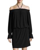 Off-the-shoulder Smocked Blouson Dress, Black