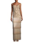 Beaded Fringe Column Tiered Long Evening Gown